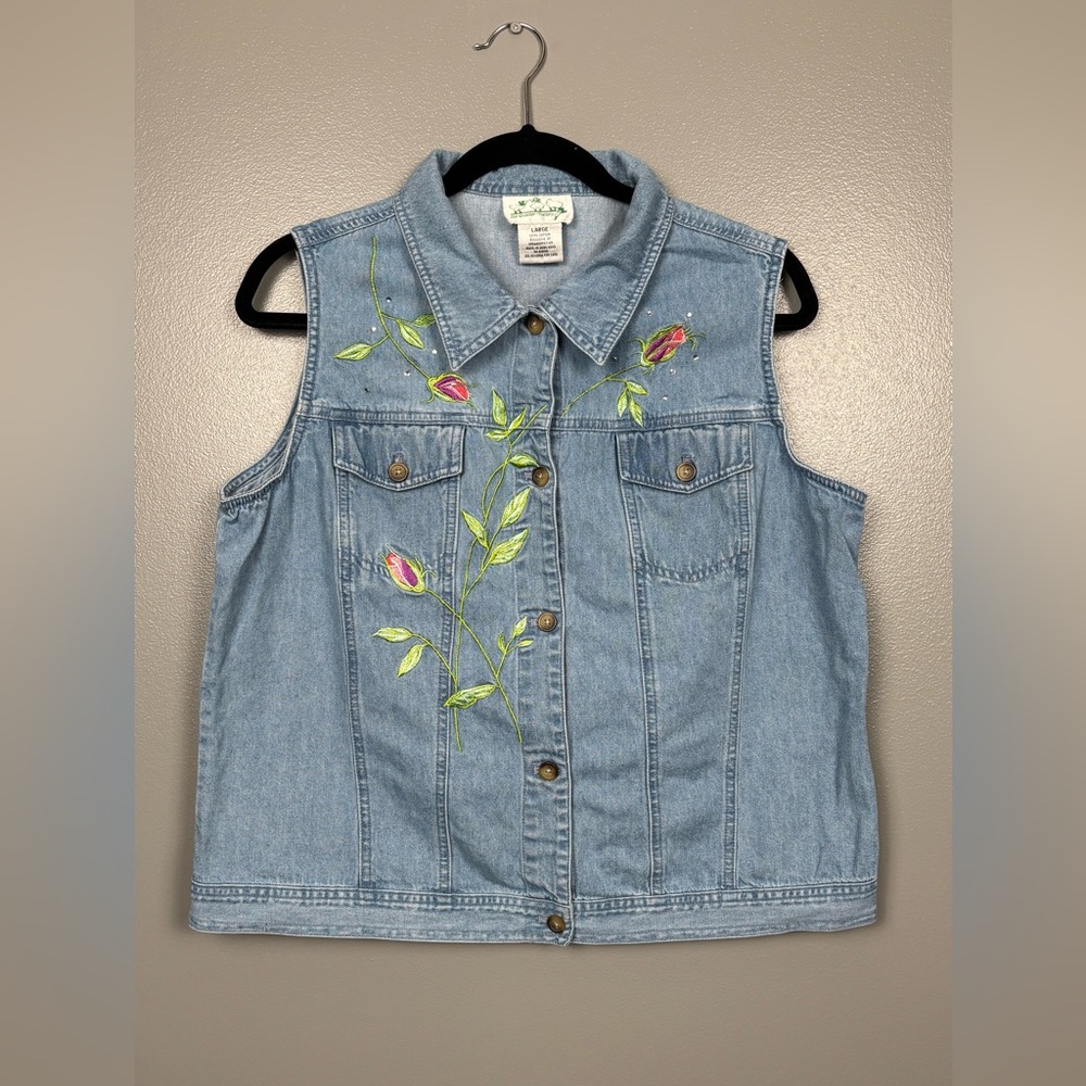 Vintage The Quacker Factory Denim Floral Button Down Collared Tank Vest Large